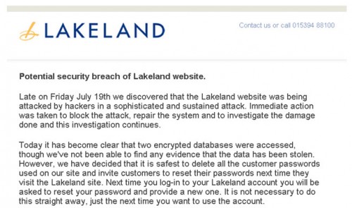Lakeland hacked, all customer passwords deleted