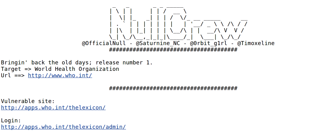 World Health Organization (WHO) hacked by NULLCREW
